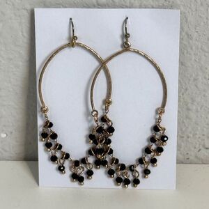 Gold Tone Dark Blue Beaded Drop Hoop Earrings